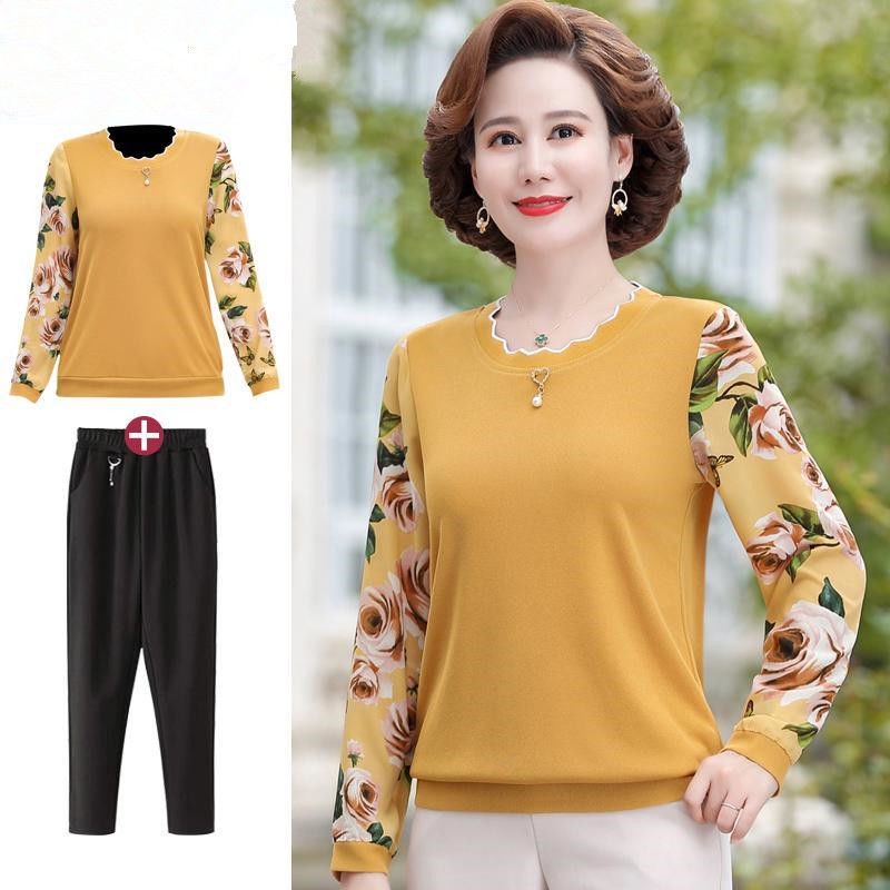 Mẹ mùa thu áo phông phụ nữ trung niên phong cách phương Tây áo sơ mi dài tay phía dưới mùa xuân và mùa thu năm 2021 bộ đ