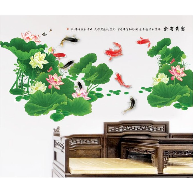 Decal trang trí Hoa Sen và đàn Cá KOI lớn tao nhã