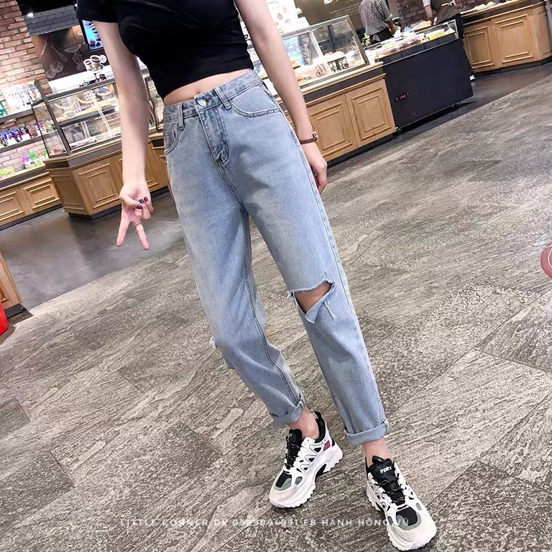 Quần baggy bò slim jean rách sườn xẻ lưng cao quảng châu có sẵn