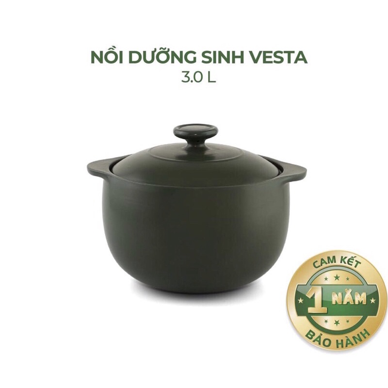 Nồi Sứ Dưỡng Sinh Minh Long Vesta 3.0 L chuyên dùng cho bếp từ, có nắp đậy, tráng men màu sứ xanh rêu