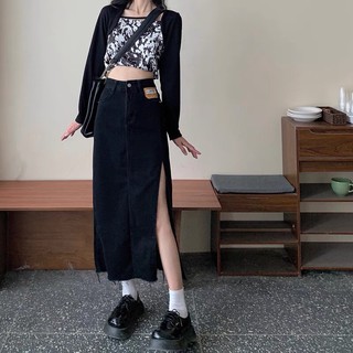 Chân Váy Xẻ Dài Qua Gối Cạp Cao Tua Gấu Phong Cách Hàn Quốc_V2