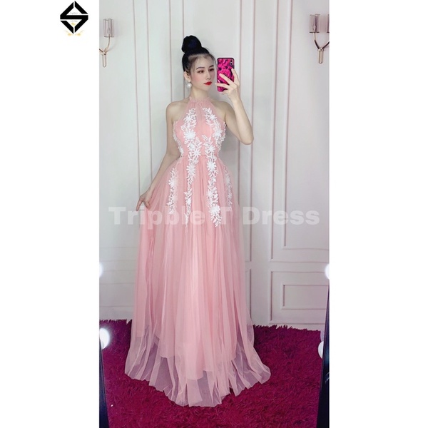 Đầm maxi cổ yến kết hoa nổi phối màu TRIPBLE T DRESS - MS379V