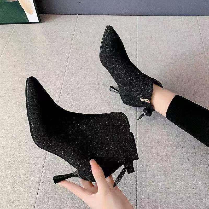 Giày Bốt Cao Gót Mũi Nhọn Đính Nơ Sequin Lấp Lánh Thời Trang Thu Đông Mới Cho Nữ