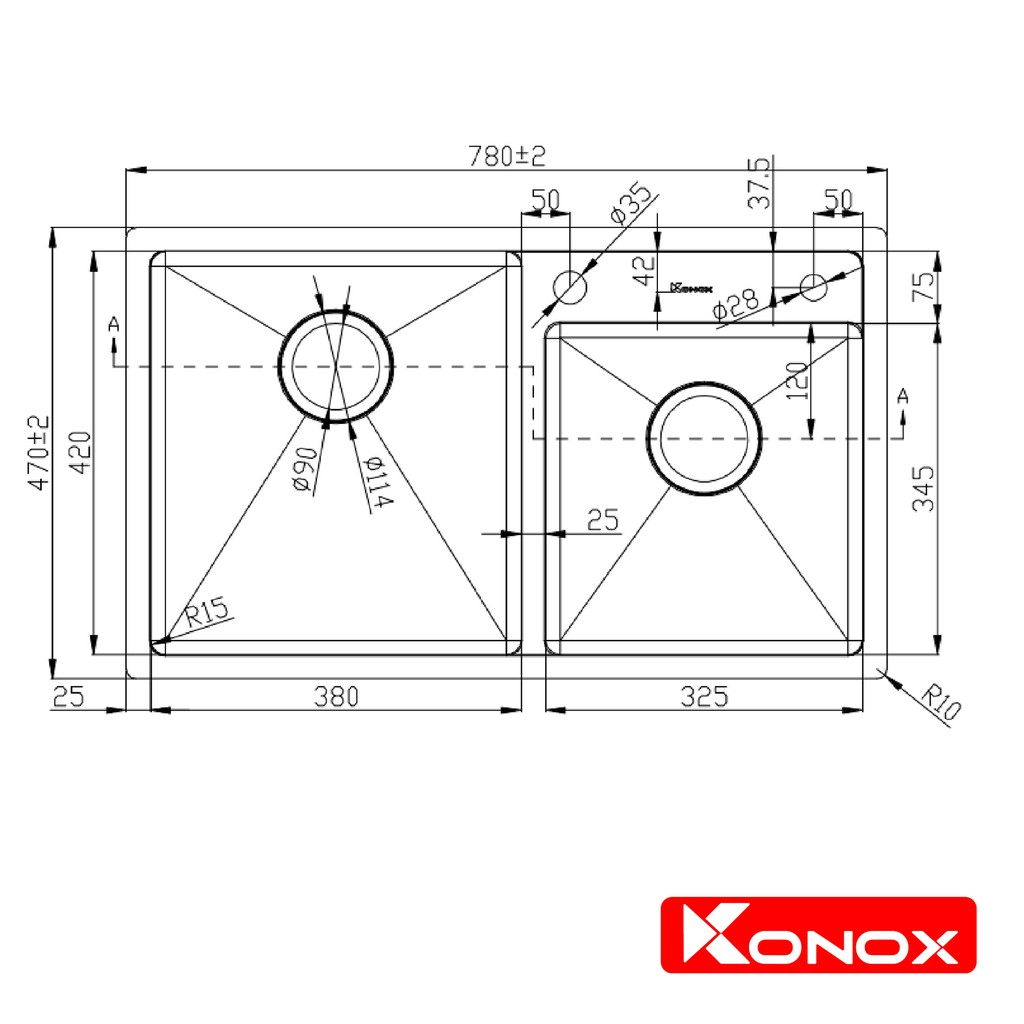 Chậu rửa bát inox KONOX Overmount Series KN7847DO, inox 304AISI, full set gồm Siphon+Giá úp bát inox
