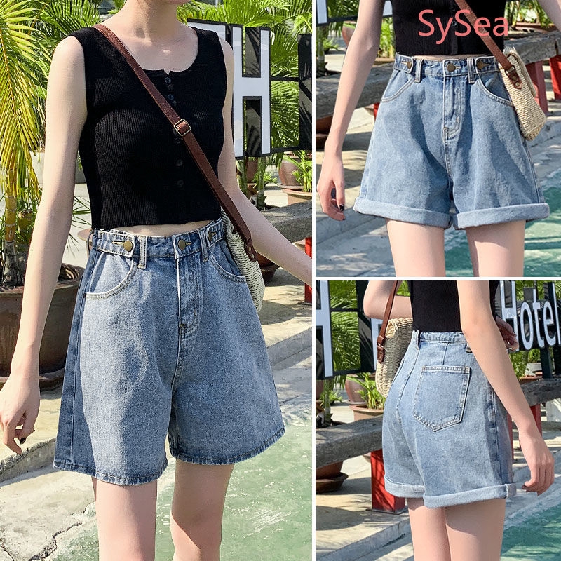 Quần Short Jean Lưng Cao Ống Rộng Thời Trang Mùa Hè Cho Nữ