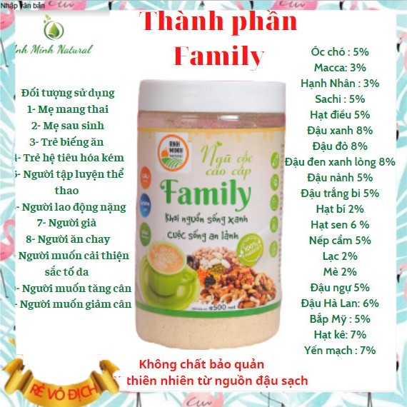 NGŨ CỐC DINH DƯỠNG FAMILY 500g- 20 LOẠI HẠT (Óc chó, hạnh nhân, Macca, sachi, yến mạch...)-không chất bảo quản