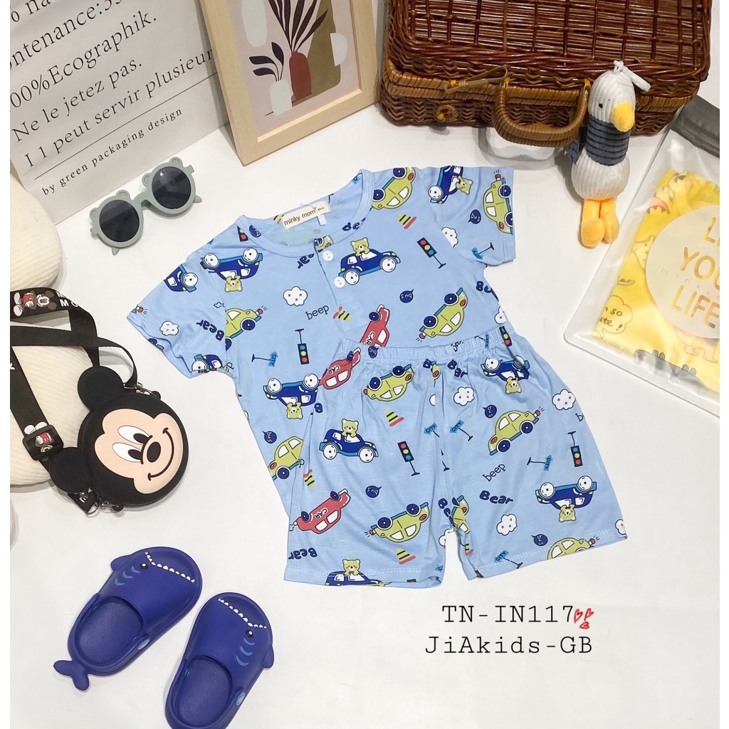 Bộ Cộc Tay THUN LẠNH MINKY MOM In Hình Toàn Thân Nút Giữa Cổ Trụ Cho Bé TN-IN117