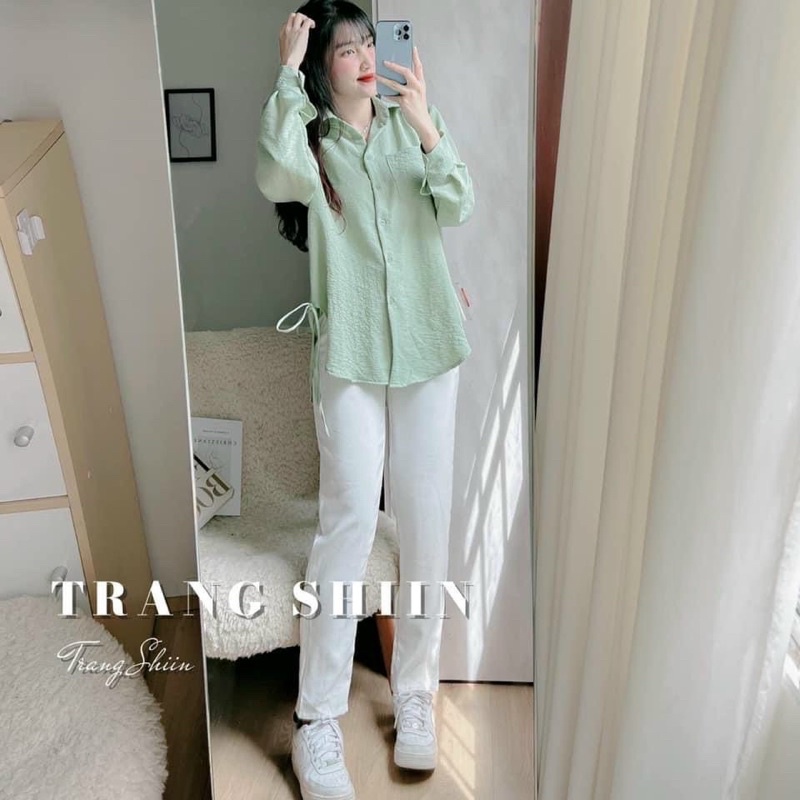 Set áo sơmi xanh phối quần baggy trắng hàng loại 1 cao cấp