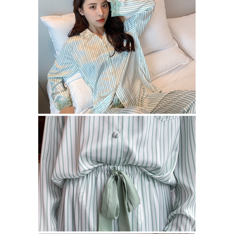 Bộ Đồ Ngủ Pijama Tay Dài Phối Ren Họa Tiết Kẻ Sọc Ngọt Ngào Thời Trang Xuân Thu Cho Nữ
