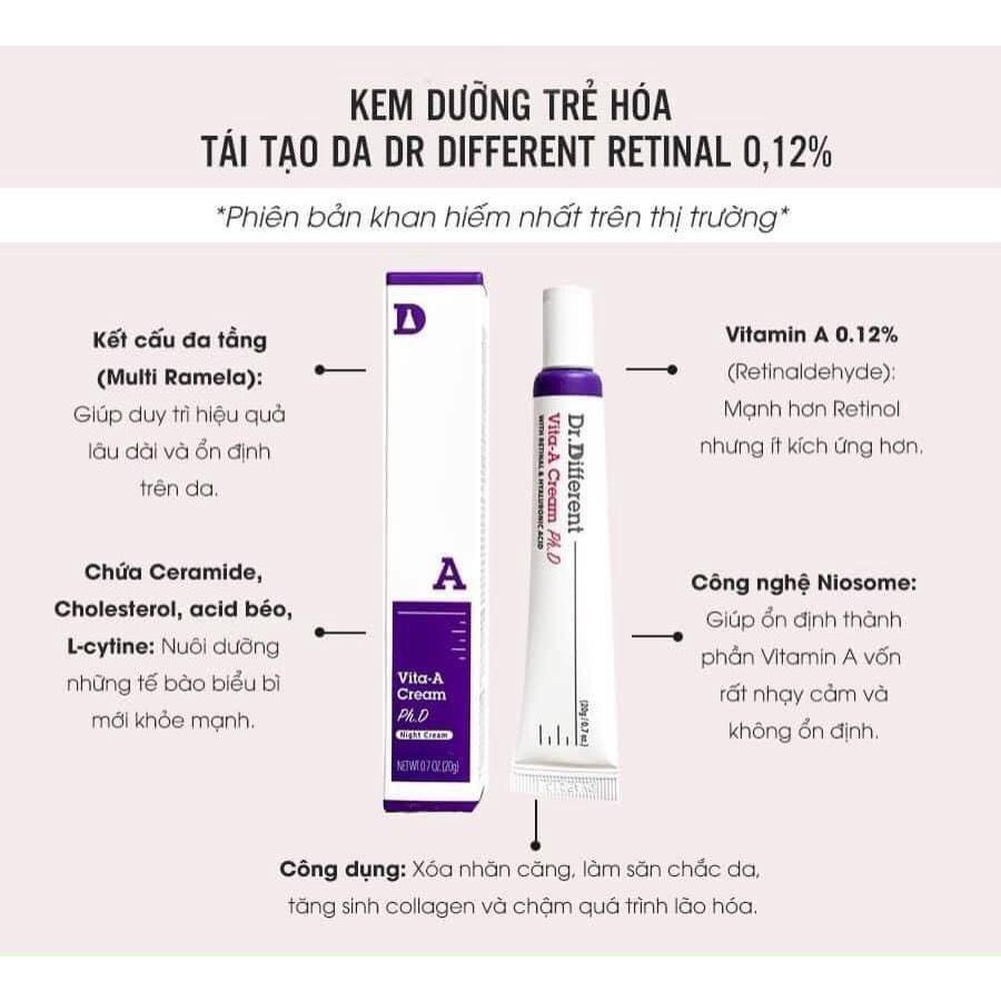 Kem dưỡng trẻ hoá da Dr. Different Retinal Tím Vita- A Cream Night Treatment 20g- Căng Bóng, Dưỡng Ẩm Da