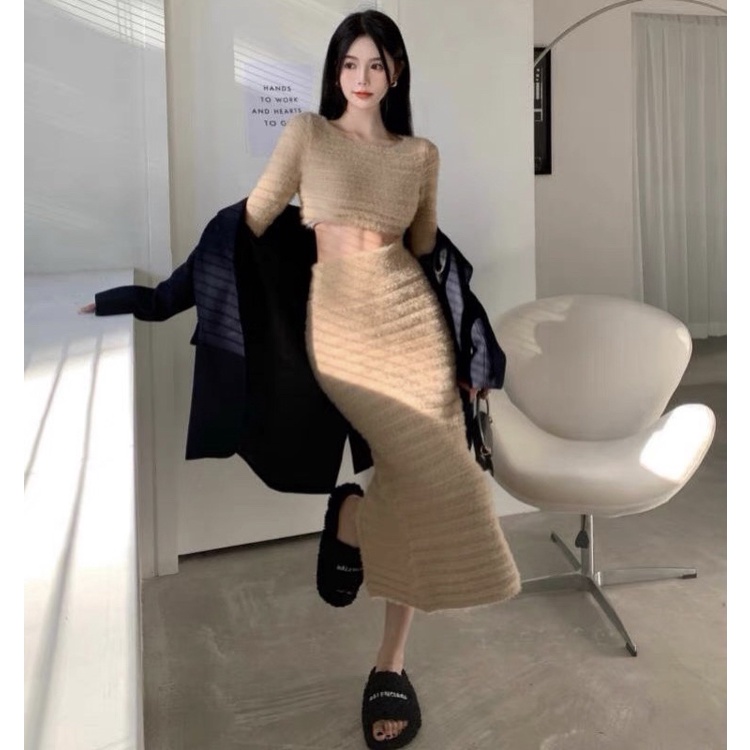 Set Váy Len Dệt Kim Dài Tone Nâu Ôm Body Siêu Tôn Dáng