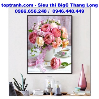 Tranh thêu chữ thập bình hoa hồng đẹp MN0231 chưa thêu