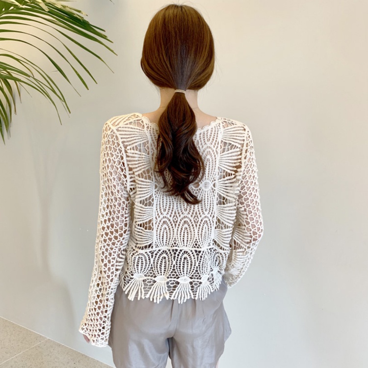 SUXI Áo Kiểu Hàn Quốc Cổ Tròn Tay Dài Chống Nắng Dáng Rộng Phối Ren Dễ Phối Đồ