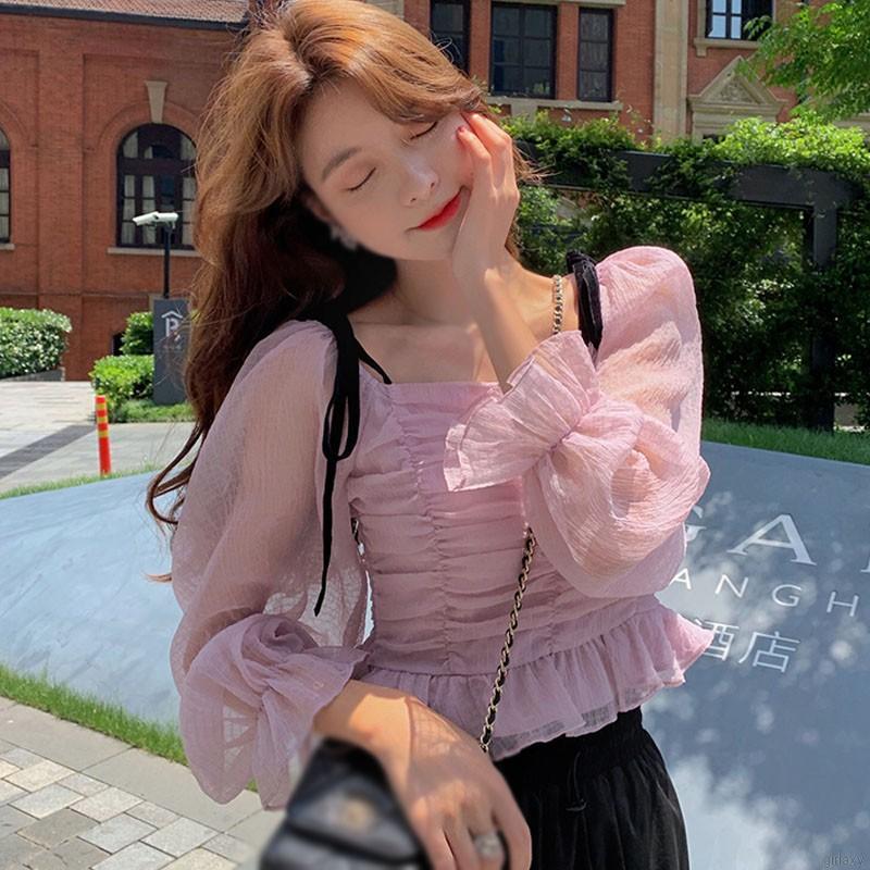 Áo Voan Hoa Trễ Vai Phong Cách Hàn Quốc Xinh Xắn Cho Nữ