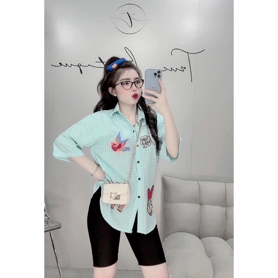 Set Bộ Ngố Sơ Mi Nữ Caro Thêu Hình Động Vật Mặc Đi Dạo Phố Trà Sữa