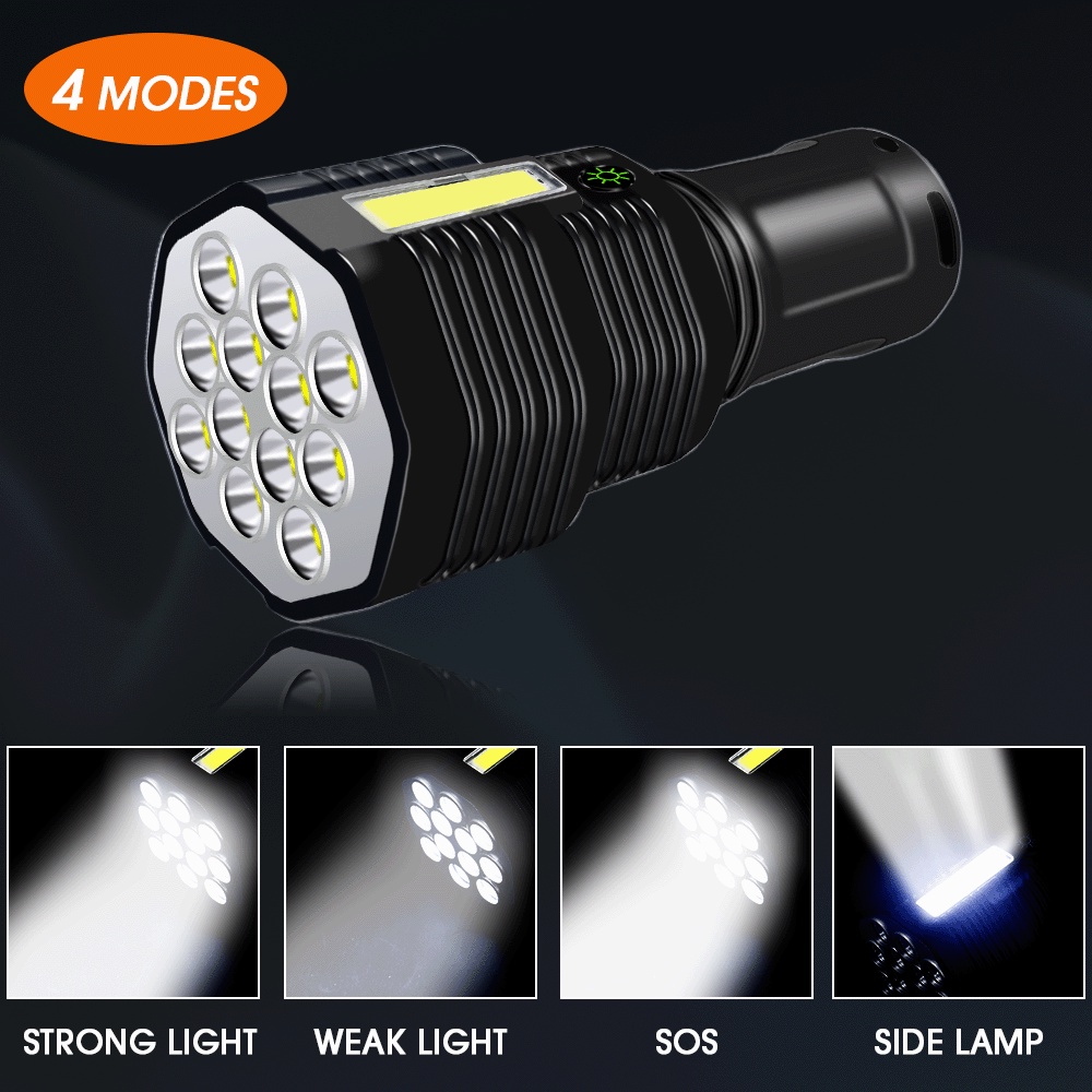 Đèn Pin 12 Bóng LED Công Suất Cao / Có Thể Sạc Lại Bằng Cổng USB Chống Thấm Nước