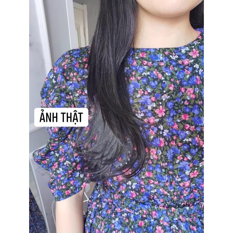 Đầm hoa tay bồng eo chun, Đầm hoa dáng dài phong cách thời trang Hàn Trung