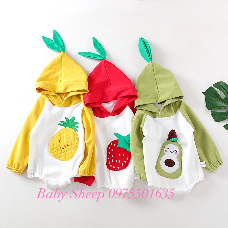 Body cotton dài tay cho bé kèm mũ trùm họa tiết dâu dứa bơ kute ấm áp cho bé HÀNG CAO CẤP