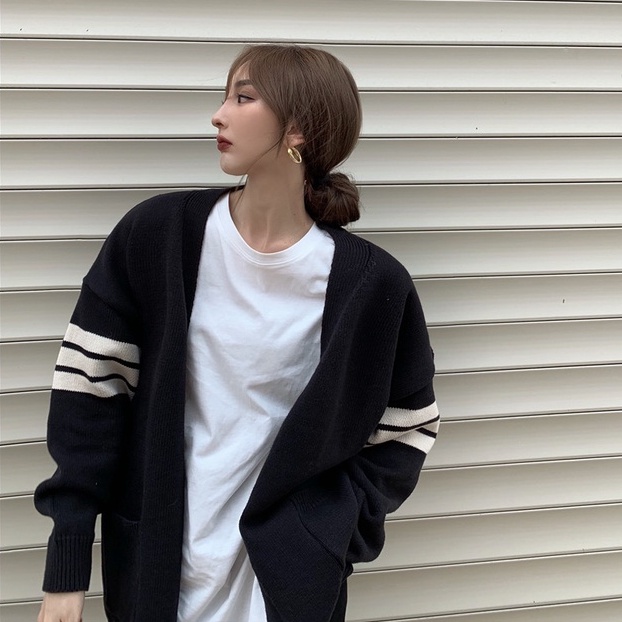 Áo Khoác Cardigan Dệt Kim Dáng Rộng Cổ Chữ V Kẻ Sọc Kiểu Hàn Quốc