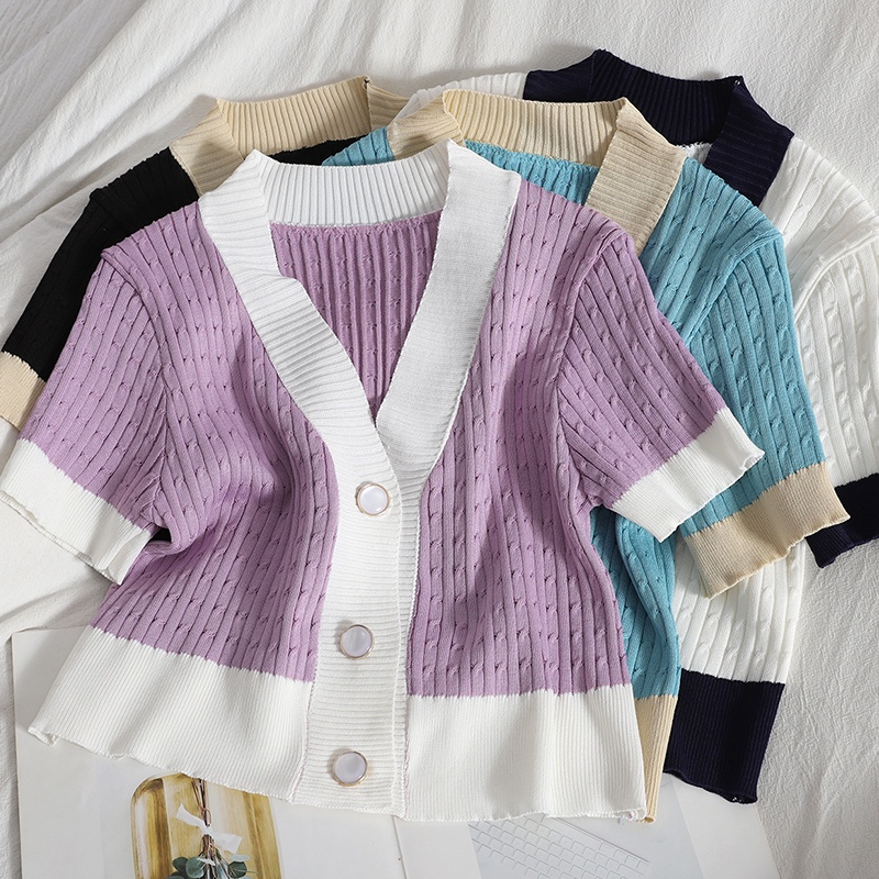 Áo Cardigan Dệt Kim Tay Ngắn Cổ Chữ V Dáng Rộng Màu Sắc Tương Phản Phong Cách Hàn Quốc Cho Nữ