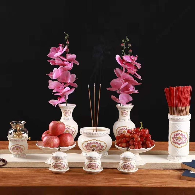 Đồ Thờ Cúng - Set Đồ Thờ Phụng Sứ Trắng Hoa Sen Hồng Cao Cấp