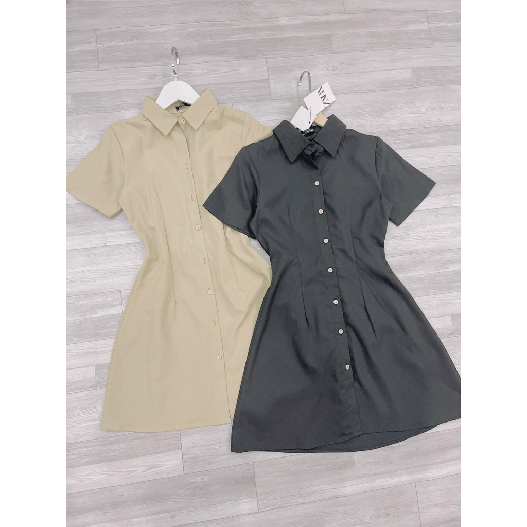 Váy cổ đức cúc dừa chun sau,đầm dáng hơi A có chun sau eo định hình-Minxy shop