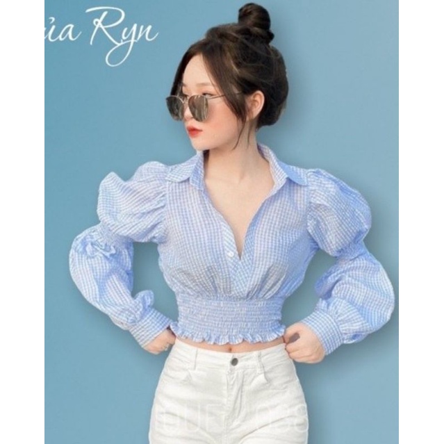 Áo sơ mi caro nhún eo Quảng Châu cổ V tay dài