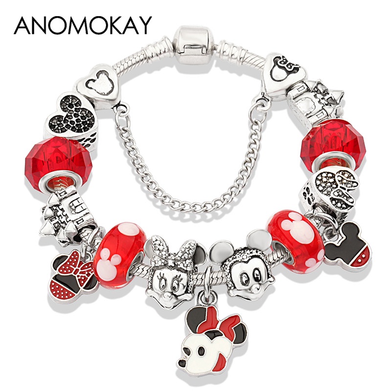 ☬♞﹍Vòng tay bạc tự hạt xâu Murano màu đỏ kết hợp mặt hình chuột Mickey và Minnie