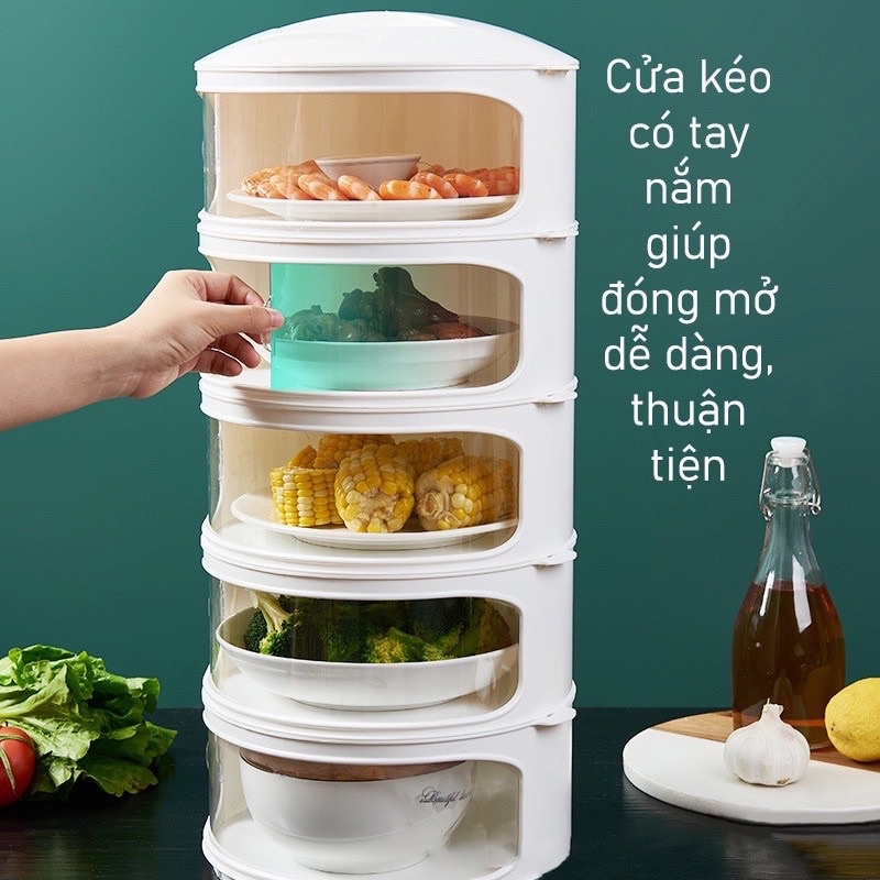 Lồng bàn 5 tầng giữ nhiệt đựng thức ăn, chống côn trùng - Lồng bàn ngăn bụi mẫu mới đa năng có cửa kéo đóng mở tiện lợi