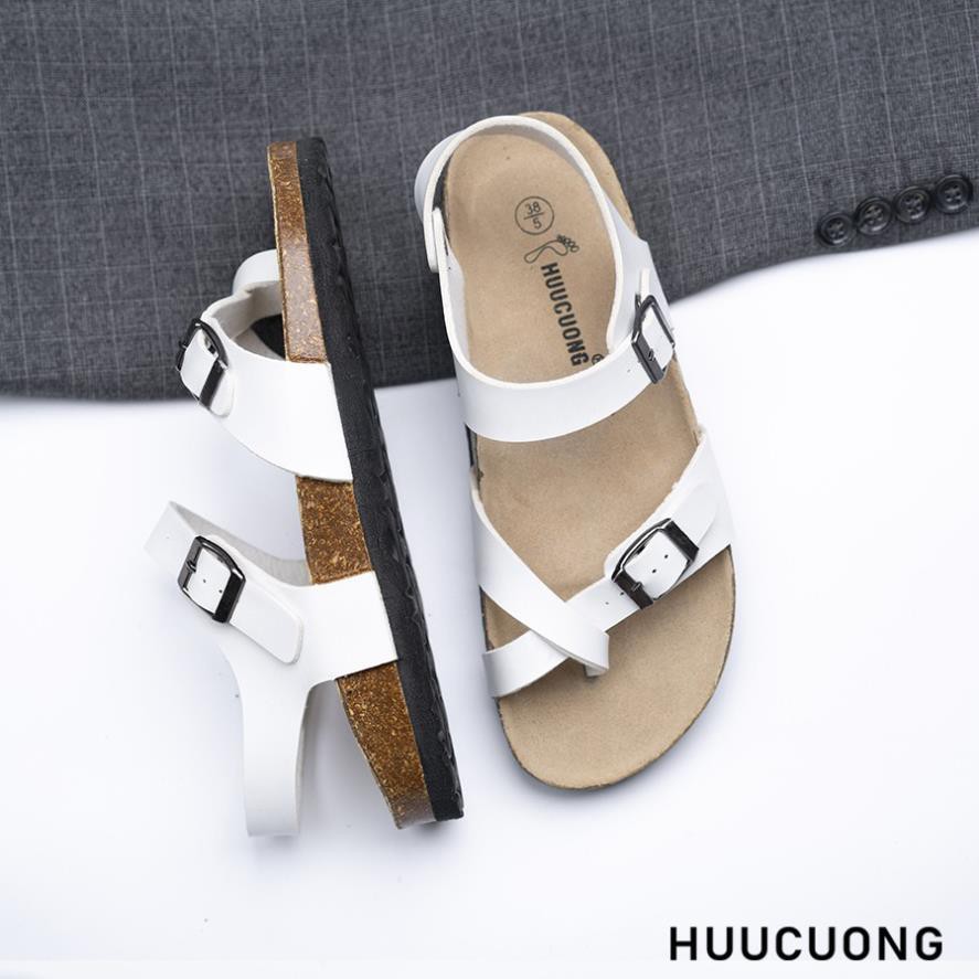 Giày Sandal nữ Huucuong xỏ ngón Unisex màu trắng đế trấu