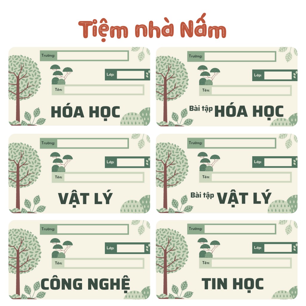 Combo Nhãn Vở Thiết Kế Theo Tên Môn Học, Cây Xanh Xanh