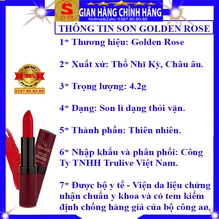 Son môi son lì không trôi khi ăn uống xịn chính hãng Golden Rose dạng thỏi lâu trôi siêu lì màu đỏ hồng cam cháy nâu đất