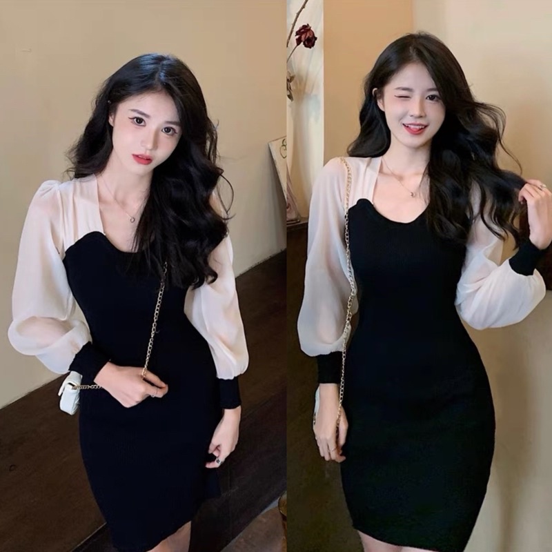 Váy Len Body Tay Phối Voan Siêu Xinh Có Ảnh Thật Kèm Video