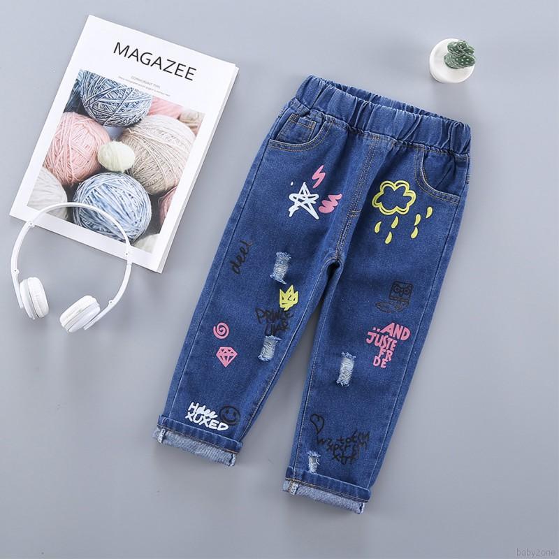 Quần Jeans Dáng Rộng In Hình Hoạt Hình Xinh Xắn Cho Bé Gái