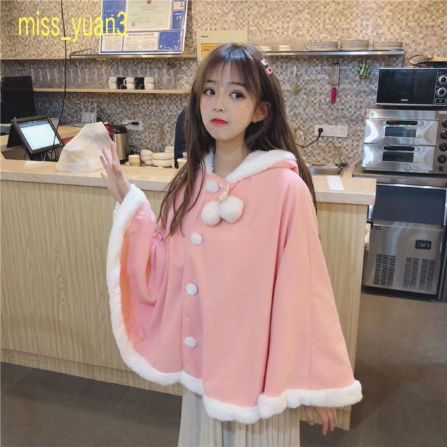 Áo khoác len phối nhung có mũ tai thỏ dễ thương thời trang thu đông cho nữ | BigBuy360 - bigbuy360.vn