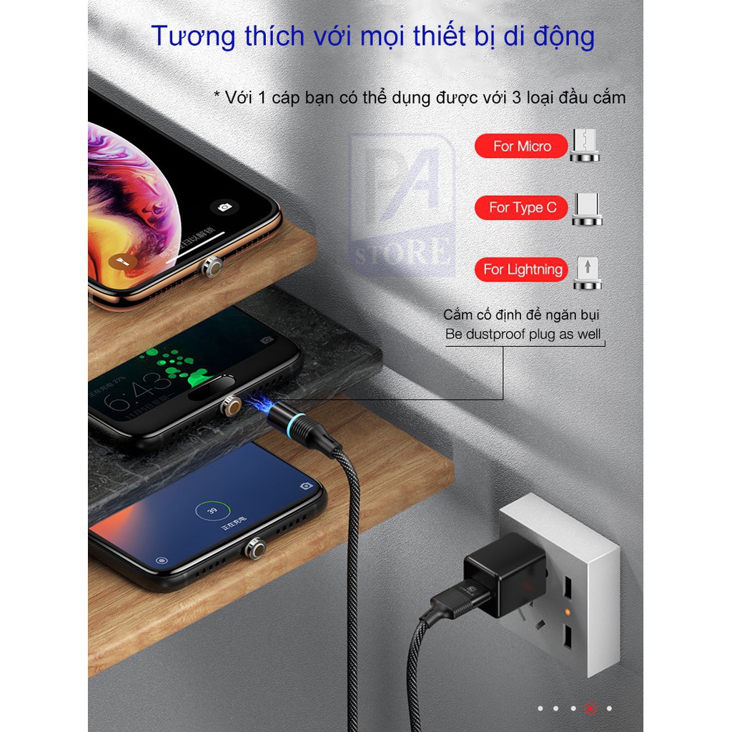 Cáp Sạc Điện Thoại Dây Nam Châm 3 đầu Đa Năng Hỗ Trợ Sạc Nhanh Dây Dù Siêu Bền
