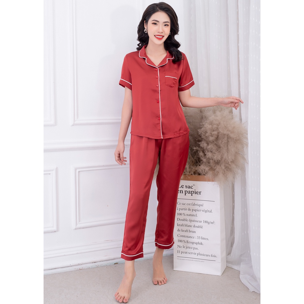 Bộ pijama cộc tay quần dài lụa đỏ Hoa Việt