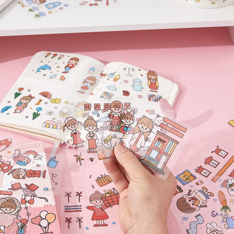 Z0745 Tách set full mẫu Hộp 100 tấm sticker PET cắt sẵn chống nước cute nhiều màu