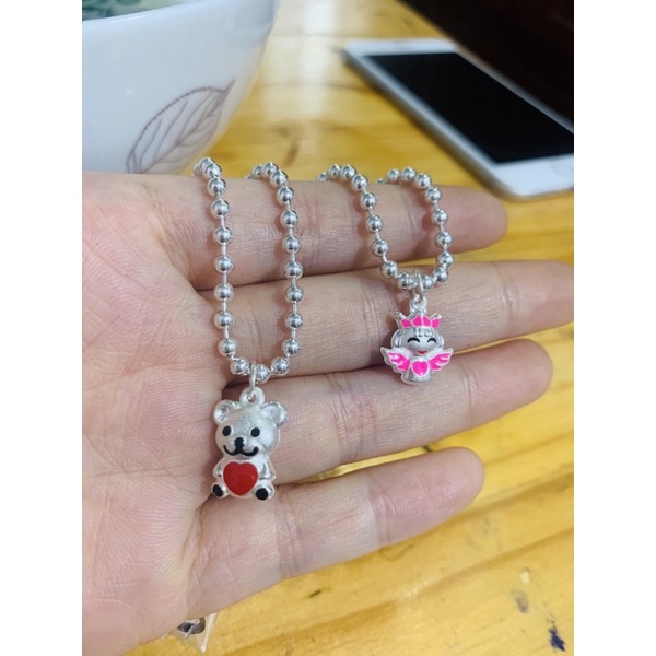 Vòng cổ trẻ em bi 3 li loại đẹp mặt gấu đỏ, thiên thần hồng bạc chuẩn đẹp