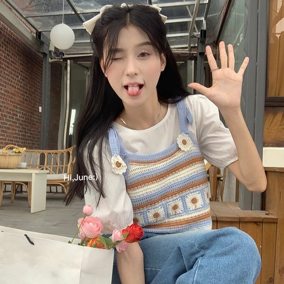 ZHELIHANGFEI Áo Croptop 2 Dây Len Móc Thêu hoa Đi Du Lịch