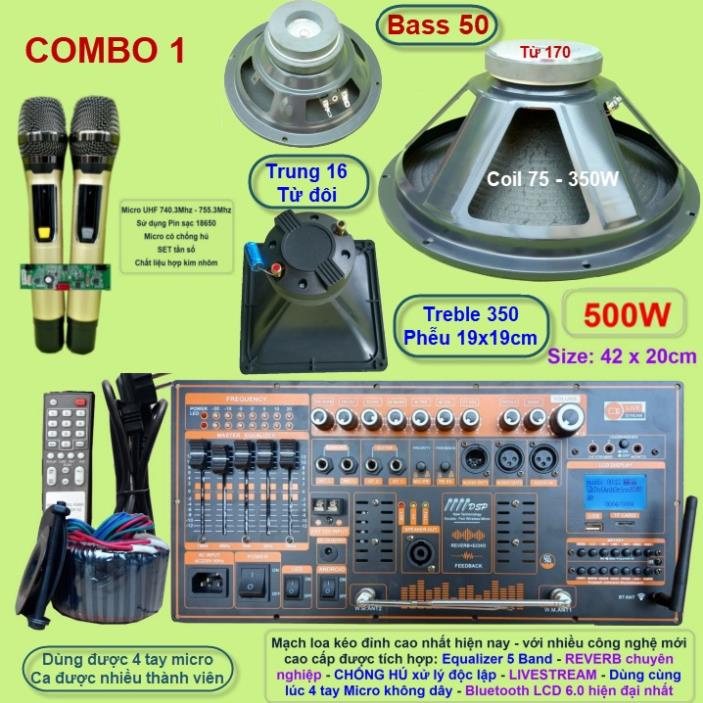 Mạch loa kéo 5 tấc đơn 3 đường tiếng  500W Reverb chống hú DSP Livestream Equalizer 5 Band  kèm 2 tay Micro