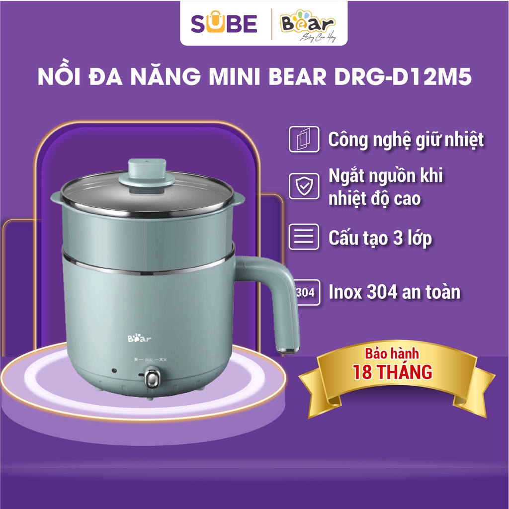 Nồi Đa Năng 2 Tầng Bear Nấu Lẩu, Mì, Hấp, Xào, Luộc Nhỏ Gọn Tiện Lợi Với Mọi Nhu Cầu DRG-D12M5