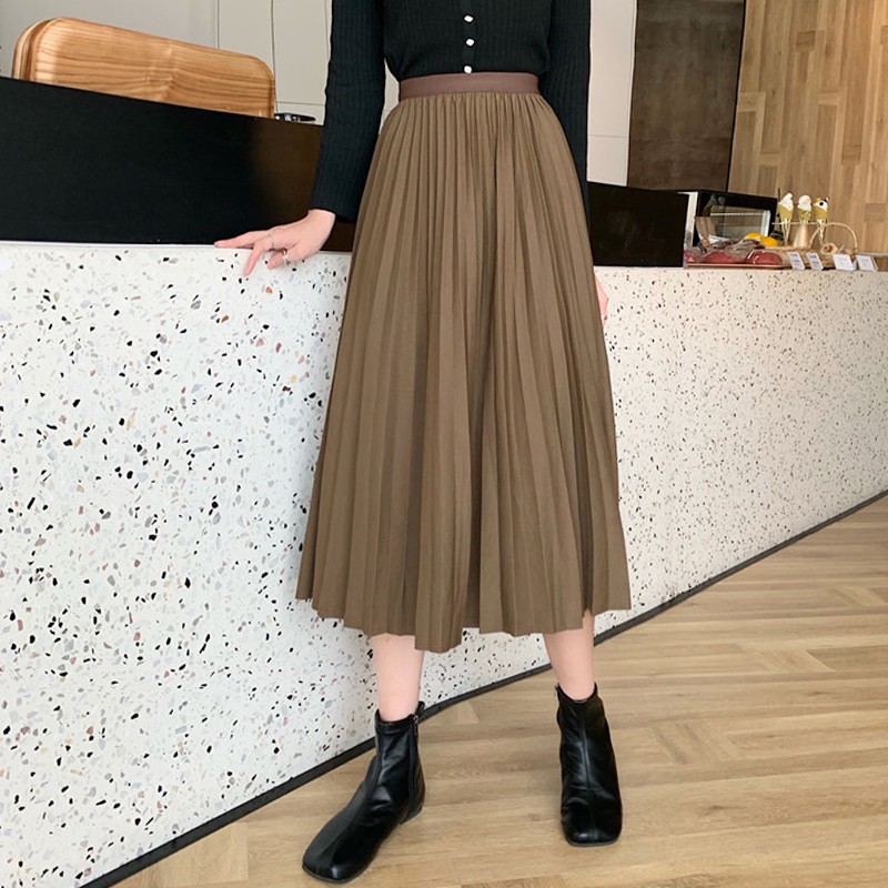 Chân váy Midi dài Xếp li Lưng cao Dáng chữ A Thu Đông Ulzzang Màu trơn Hàn Quốc Chân váy Midi dài Cạp cao Thời trang | BigBuy360 - bigbuy360.vn