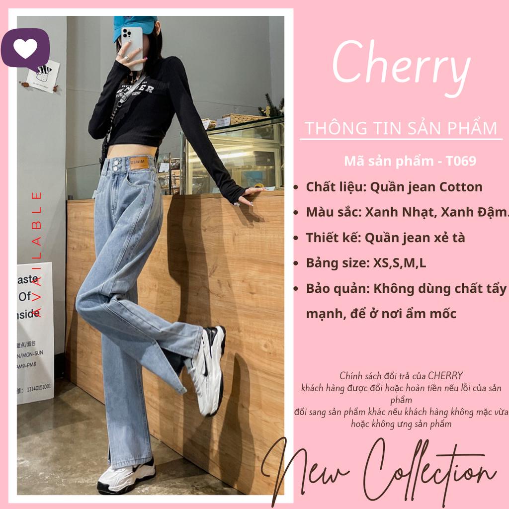 Quần jean nữ ống rộng xẻ gấu CHERRY cạp cao dáng suông 2 cúc, quần bò nữ ống đứng xẻ tà trước chất cotton cao cấp T069