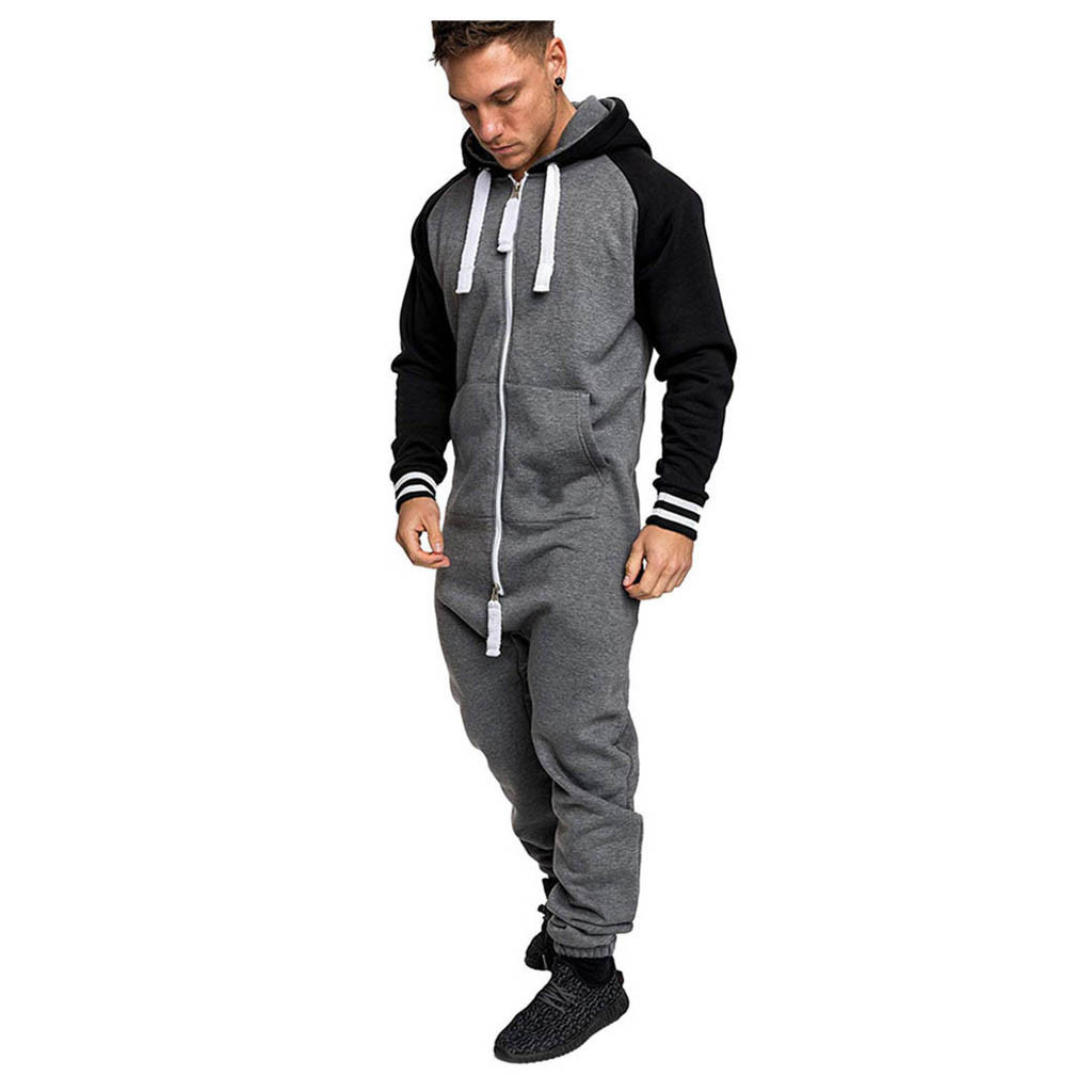 janesame_Men Pure Color Splicing Autumn Winter Casual Hoodie Print Zipper Print Jumpsuit