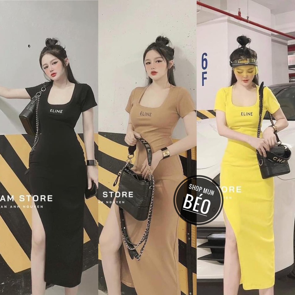 Đầm Body Cổ Vuông Thêu Chữ Phom Dài Xẻ Đùi Thun Borip Thích Hợp Mặc Đi Tiệc Đi Làm Đi Chơi
