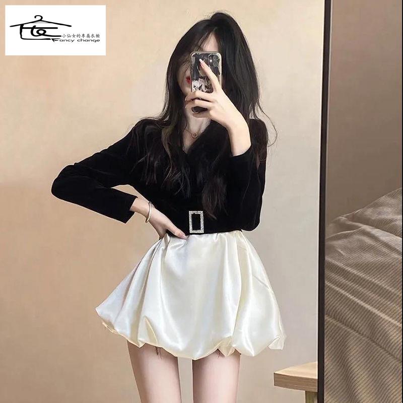 Đầm Nhung Cổ Chữ V Eo Cao Dáng Ôm Thời Trang Cho Nữ