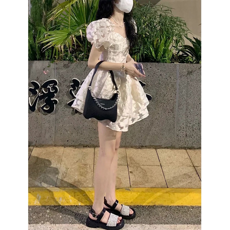 Đầm Ngắn Ôm Eo Màu Trơn Phong Cách Công Chúa Thời Trang Mùa Hè Mới Cho Nữ