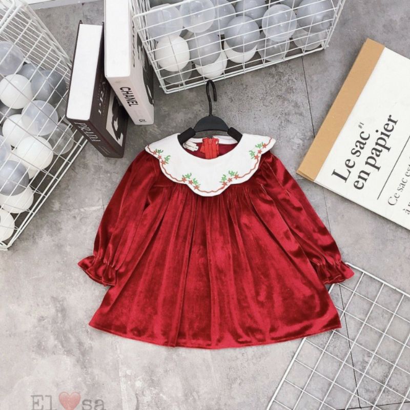 Váy tay dài bé gái thêu hoa xinh xắn  - Đầm dài tay cho bé chất mềm mịn mát size 9 - 20ky