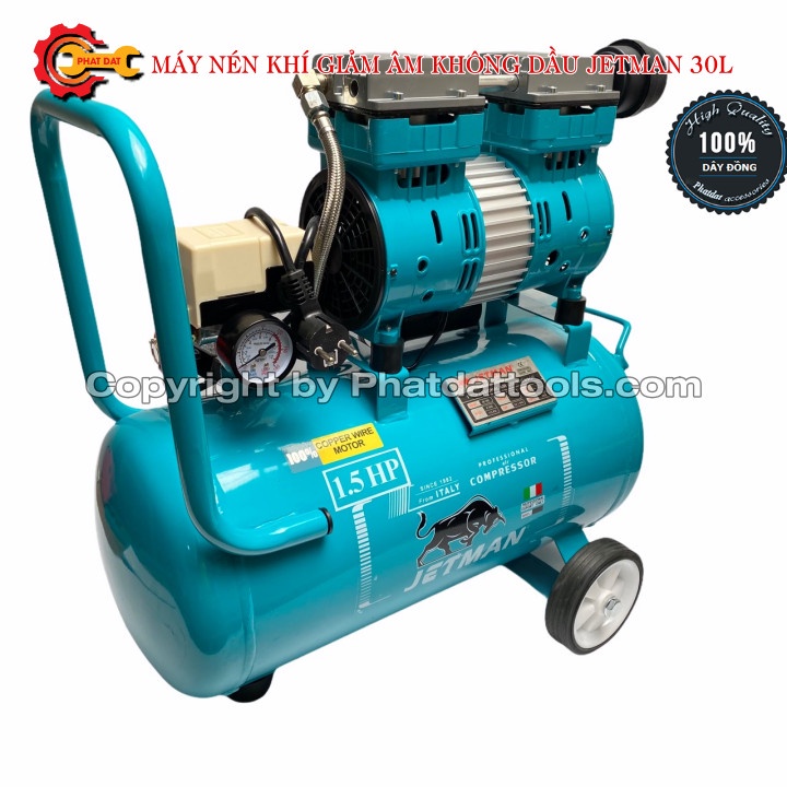 Máy Nén Khí Giảm Âm Không Dầu JETMAN 30L - Công Suất 1.5 HP - Chạy Êm, Chống Ồn - Nén Nhanh - Tự Nạp Khí - BH 12 Tháng